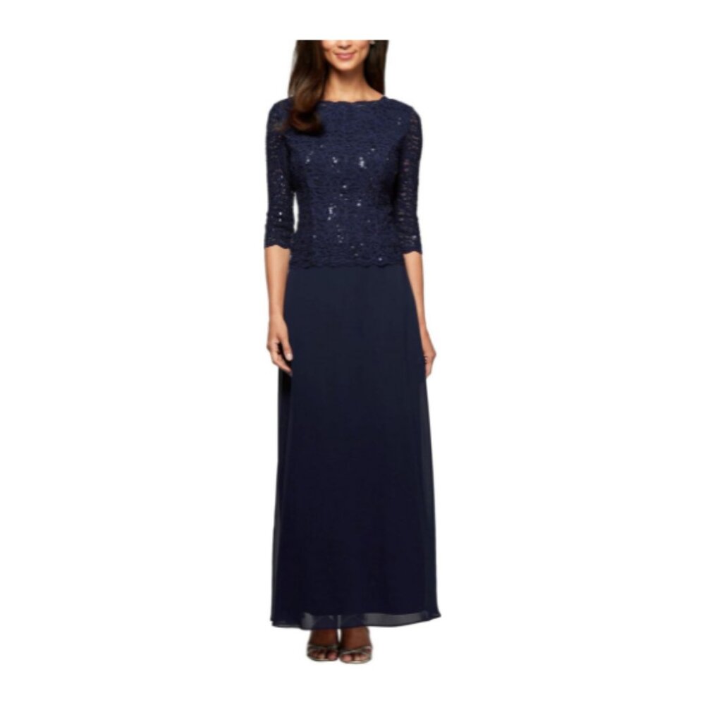 ✨Alex Evenings Sequin Embellished Lace Top Gown Dress 14 NWT Navy